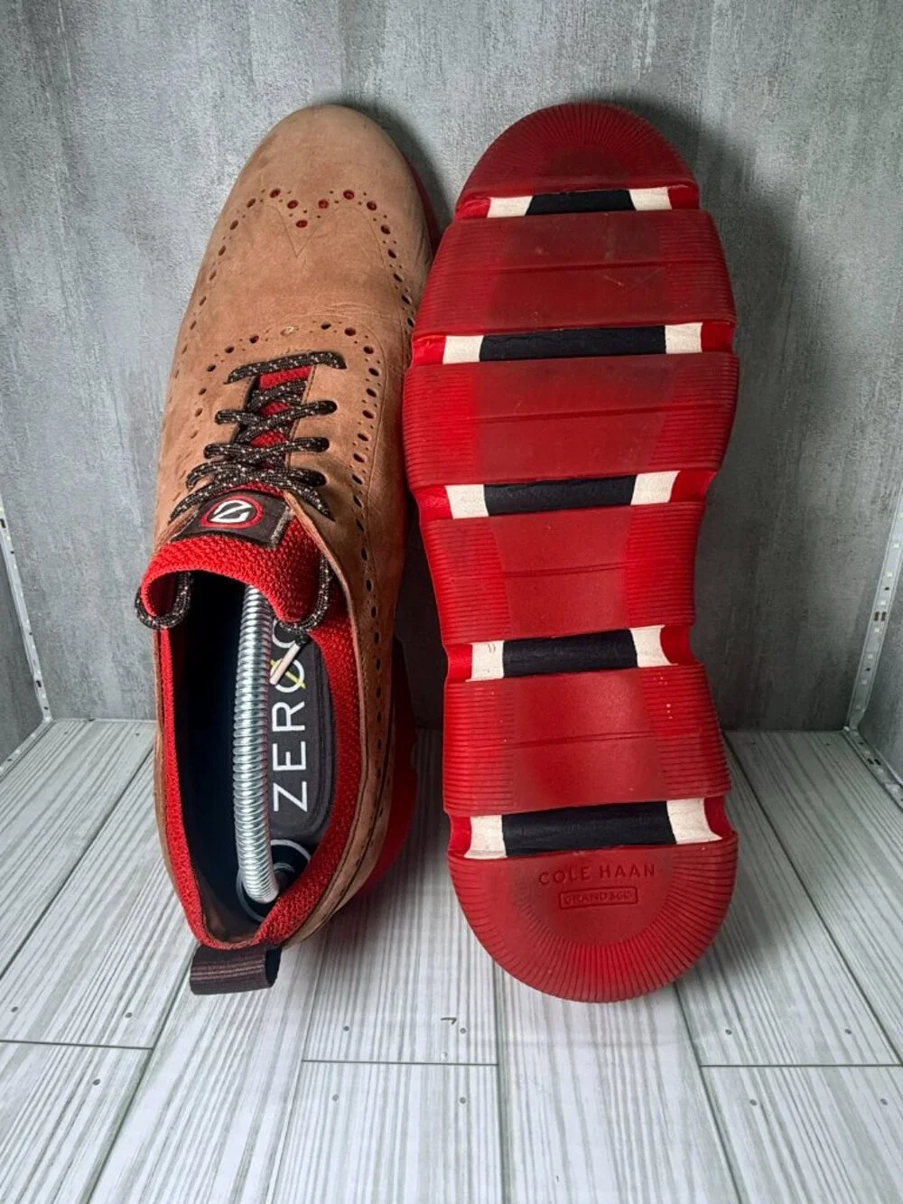 Cole Haan ZERØGRAND Wingtip Oxford Shoes Men's 13M Tan Suede Red C33628 EXCELLEN